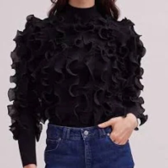 ANNE FONTAINE SIDALINE SWEATER BLACK LONG SLEEVE TURTLENECK PLEATED RUFFLES 42 - Picture 1 of 8